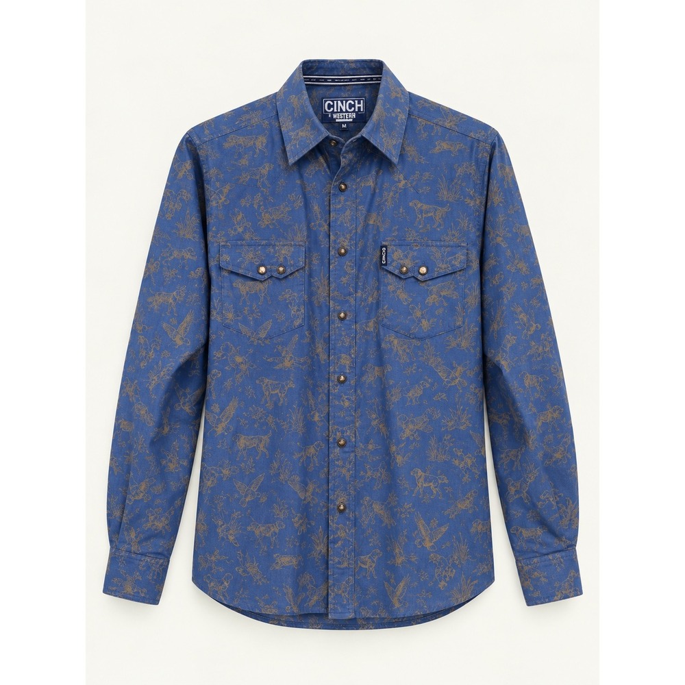 Cinch Mens Medium Blue Slim Fit Western Shirt Hunting Dog Bird Print Button Down